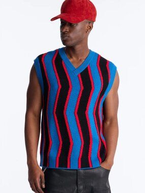 NWT After Midnight Flame Oversized Sweater Vest Red, Blue, Black